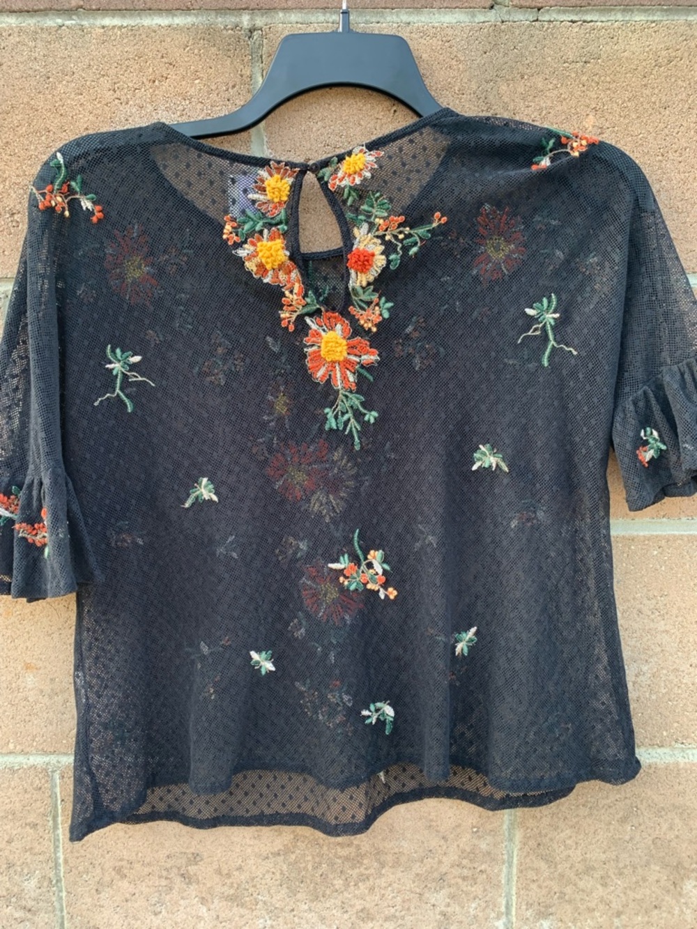 Maeve x Anthropologie Black Cadiz Sheer Blouse with Orange Floral Embroidery - Picture 6 of 11